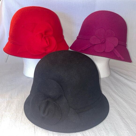 Red Bowler Wool Hat Black Bowler Wool Hat Pink Wool Bowler Hat - Picture 1 of 12